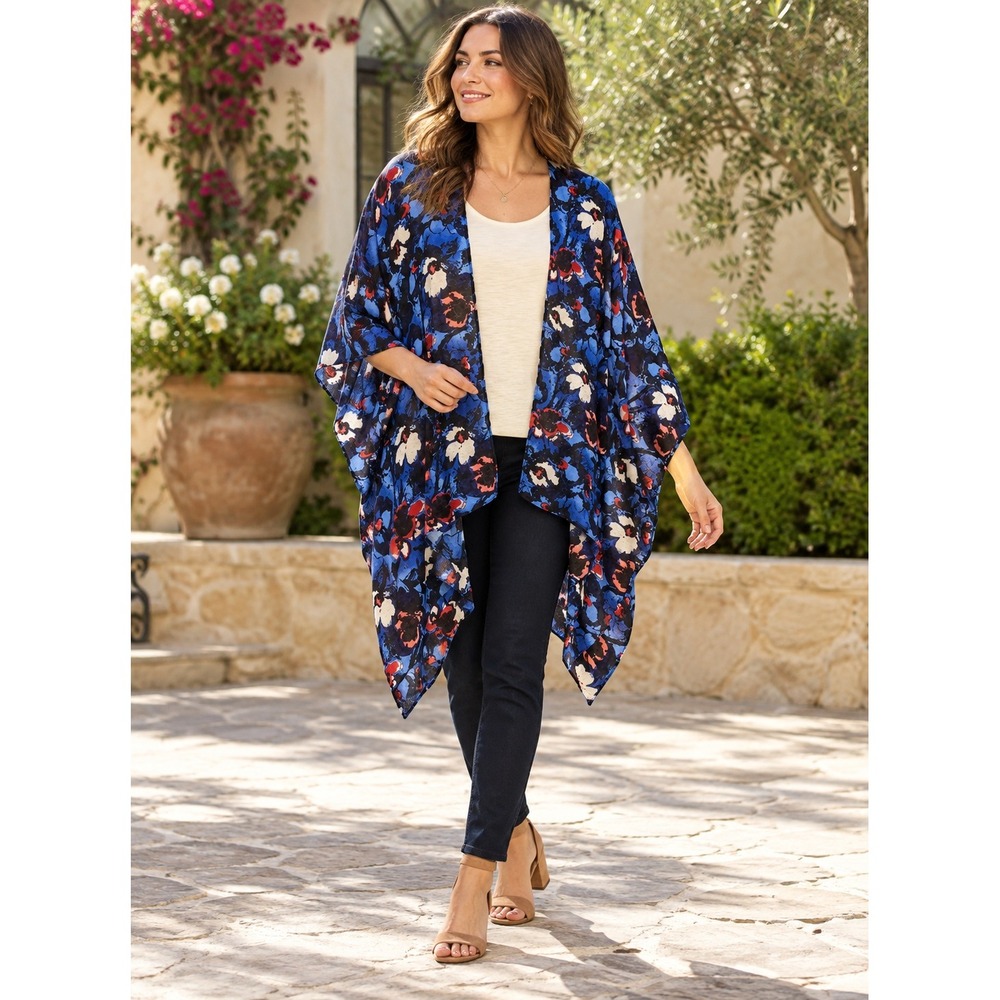 Lane Bryant Blue Floral Kimono Wrap Open Front Lightweight Layering One Size